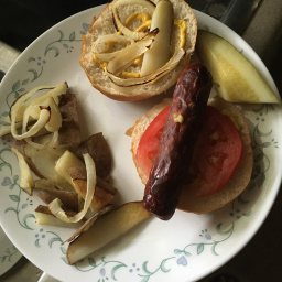 jalapeño brat with tomato and onion